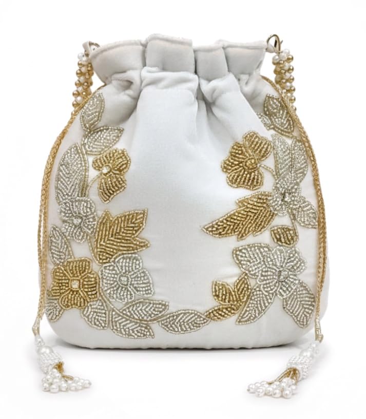 Image of Velvet Potli Bag with Golden & Silver Beaded Flower Embroidery - Handcrafted Ethnic Drawstring Bag for Weddings, Parties & Festive Gifts - Beaded Handle & Tassels for Women