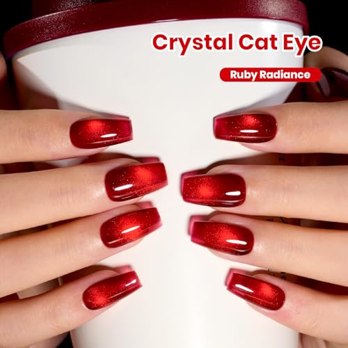 Image of Beetles Stay Shining Ruby Radiance Red Cat Eye Gel Nail Polish - 15ML Red Cat Eye Glitter Gel Polish Magnetic Shimmer Effect Soak Off UV Design Salon DIY Manicure Gifts for Women