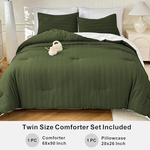 Image of tohrisa Boho Comforter Set Twin Size Striped Pleats Bohemian Seersucker Bedding Set All Season Soft Cozy 2 Pieces Quilt with 1 Pillowcase(68 inchX90 inch Dark Green)