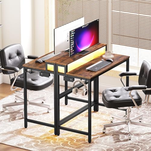 Image of YATINEY Small Computer Desk with Charging Station and LED Lights, Gaming Desk with Monitor Stand, 2-Tier Home Office Desk with 4 Side Hooks, for Living Room, Home Office, Rustic Brown DN01UDBRY2
