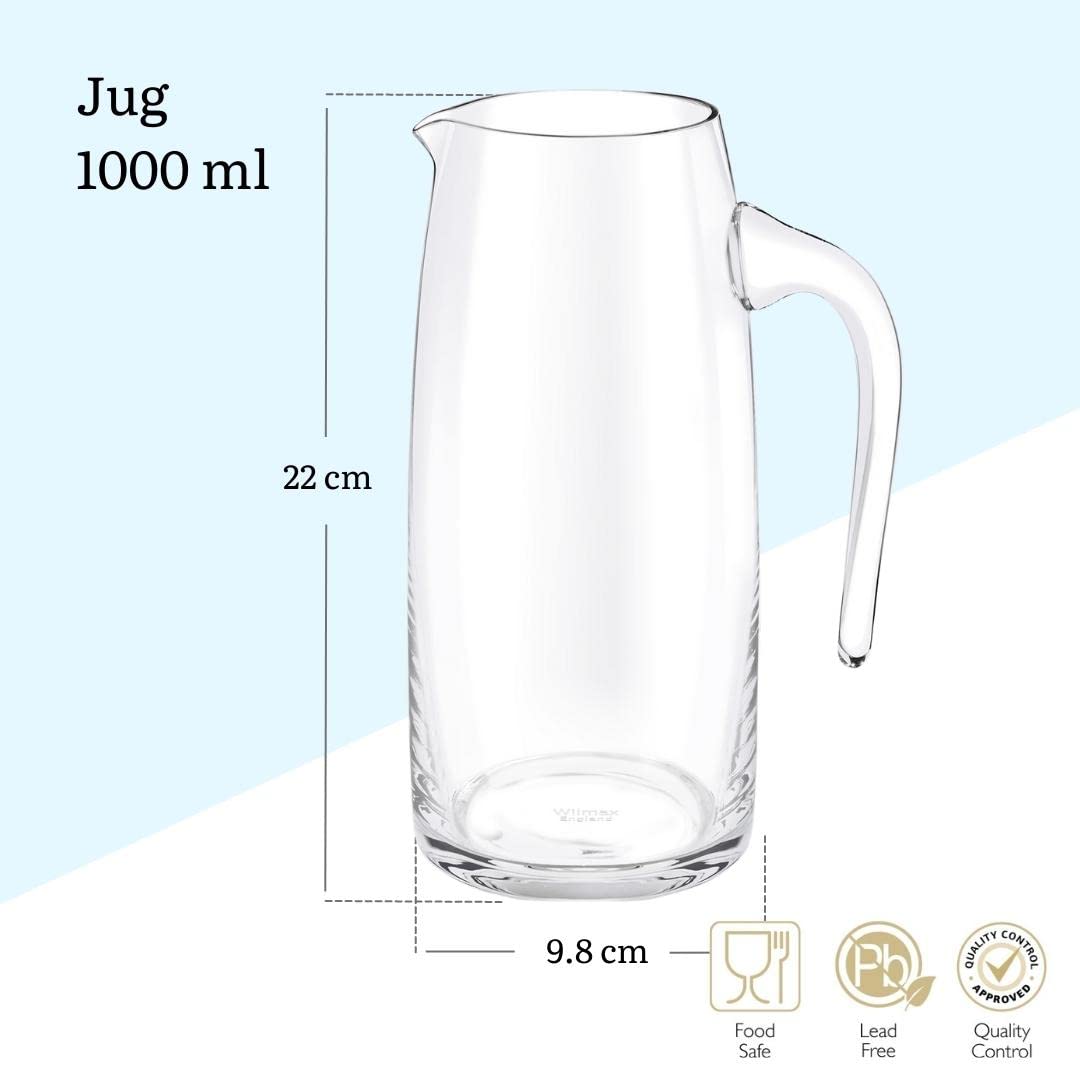 Wilmax Jarra de cristal de 1 l con 6 vasos de agua de 390 ml, juego de bebidas, jarra de agua para zumo, agua, té helado, leche, jarra de cristal, jarra de agua, apta para lavavajillas, jarra de