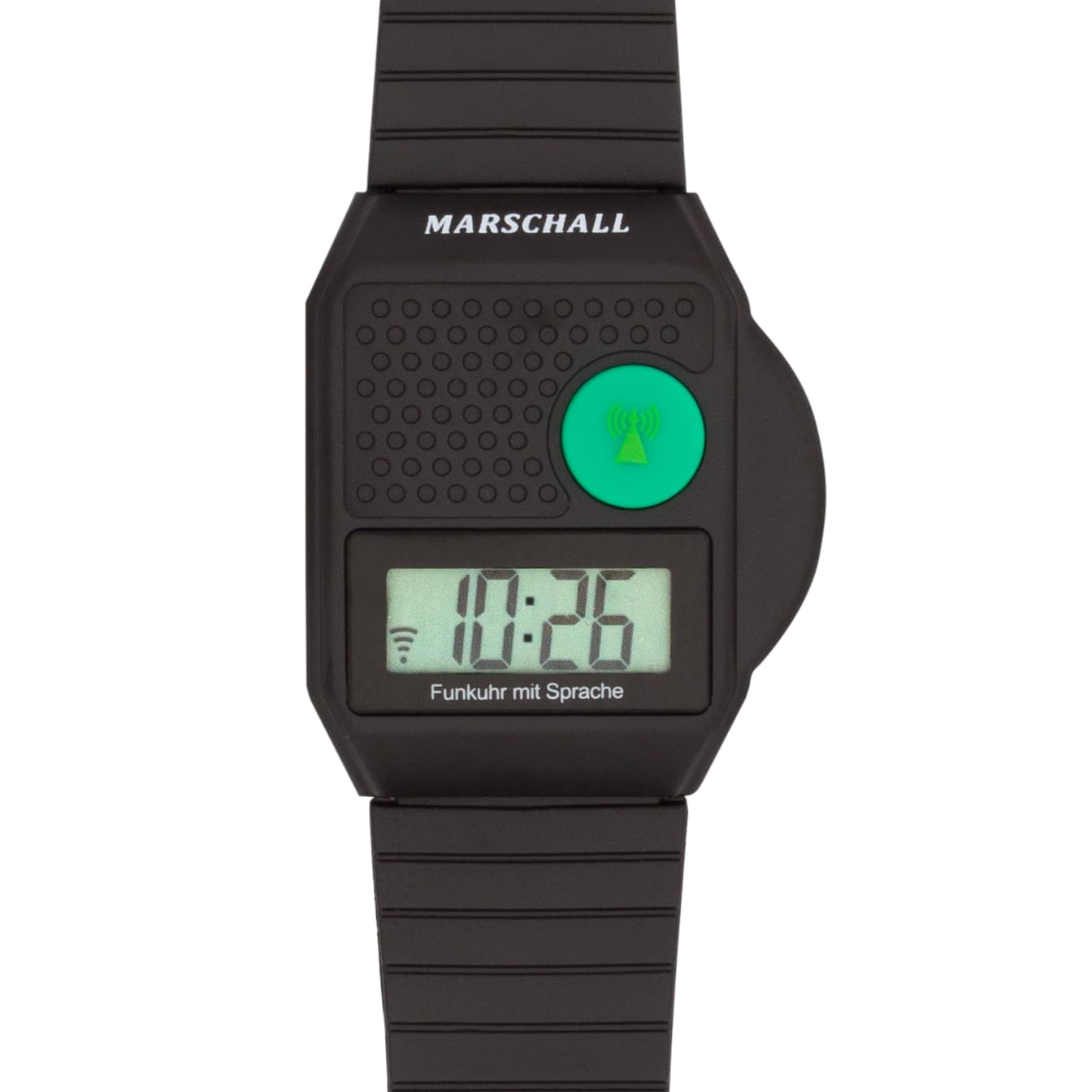 Marschall Deutsch sprechende Digitale Funkarmbanduhr I 1110 I Schwarz I Ansage von Zeit und Datum I Weckfunktion I Großes LCD Display I Perfekt für Senioren, Blinde und Demenzkranke