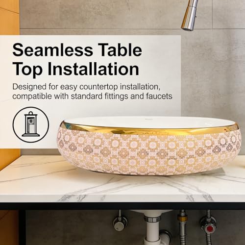 Image of Wallace Luxury Oval Table Top Wash Basin 60x40x15 cm | Blush Royale Gold Pattern Ceramic Countertop Vessel Sink | Premium Vanity Basin for Bathroom, Hotel & Modern Interiors