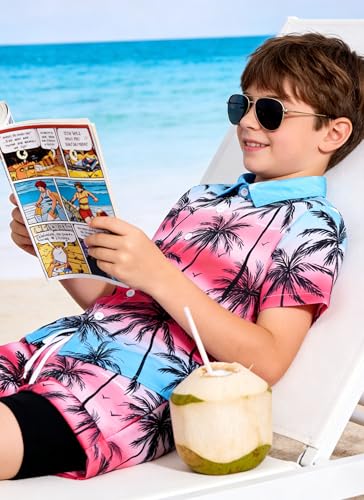 Image of UNICOMIDEA Boys Hawaiian Outfits Tropical Print Button Down Shirt + Swim Trunks 2 Piece Sets for 5-12T Kids