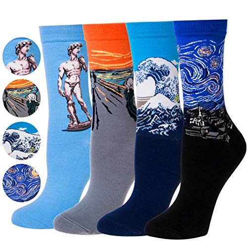 4 Pairs Womens Cotton Socks Painting Art Socks for Winter
