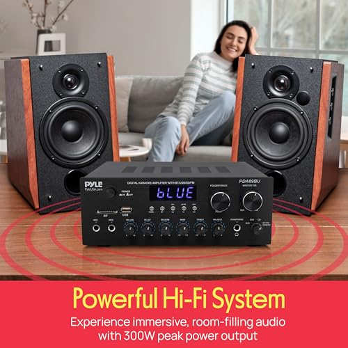 Image of Pyle Home Karaoke Amplifier Receiver with Bluetooth Streaming, 200 Watt Peak, Dual Mic Inputs with Delay and Reverb, 2.0 Channel Hi Fi Sound System, USB-A Input w MP3 Player, RCA /Aux Inputs - PDA69BU