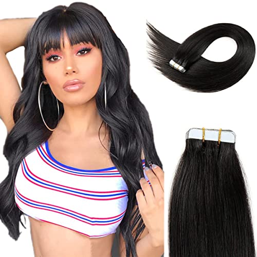 Tape in Hair Extensions Human Hair, 18'' Black Hair Extensions Tape Ins Remy Human Hair Extensions 20 Pcs 50 g/pack (#1B) Black