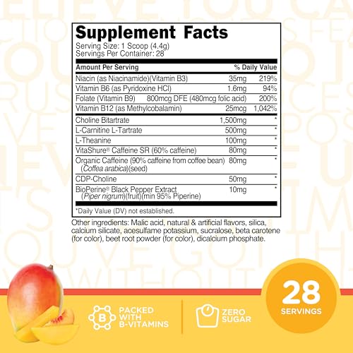 Image of TransformHQ Energy & Focus Powder (Peach Mango) - Boost Shot Clean Energy Drink Mix - Sugar Free - Non-GMO, Gluten-Free - 28 Servings