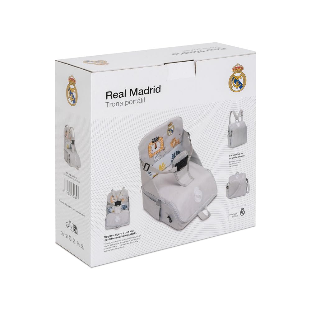 Interbaby - Real Madrid Reise-Sitzerhöhung. In Rucksack oder Tasche verwandelbar. Faltbar, leicht und mit verstellbarem Tragegurt. Verstellbarer 5-Punkt-Sicherheitsgurt.