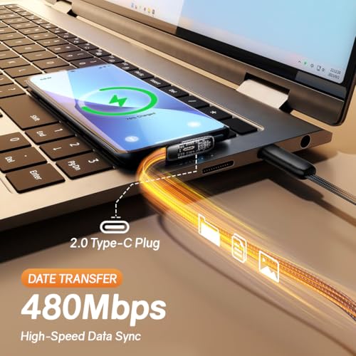 Image of Verilux PD 100W Type C Cable Fast Charging 6.6Ft, Right Angle C Type Charger Cable with No Tangle Flat Nylon Braid, Support 480Mbps Data Transfer for iPhone 17 /17 Pro /17 Pro Max 16 /15, Galaxy S25 /S24