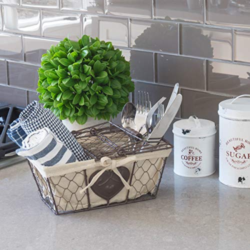 Stonebriar Farmhouse Metal Chicken Wire Picnic Basket With Hinged Lids, Handles, And Heart Detail, 10.5" X 6.5", Cream #TOP5