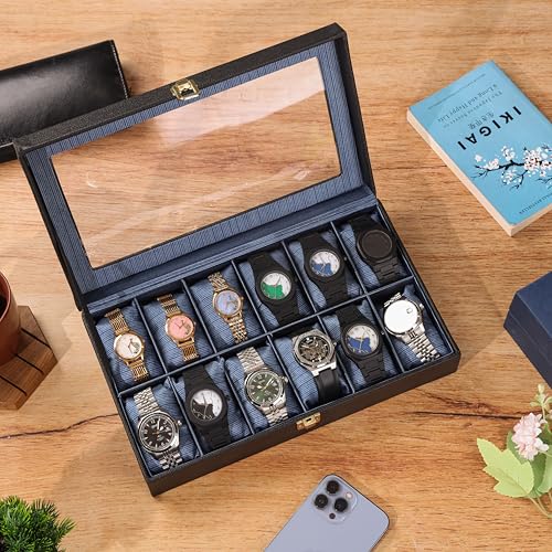 Image of Men's and Women's Watch Box Holder Organizer Case In 12 watches box organizer In PU Leather with Black & blue
