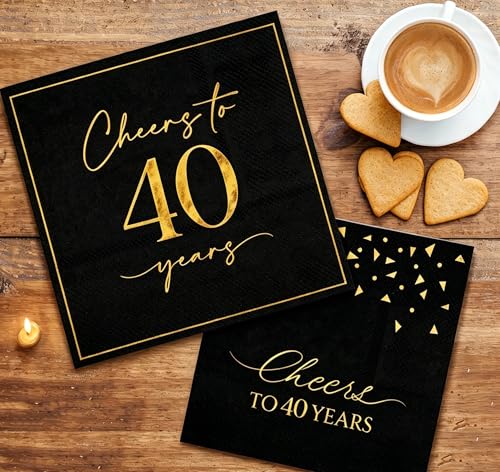 50 Pack Cheers to 40 Years Cocktail Napkins - Black and Gold 40th Birthday Party Napkins 5x5 Inch 2 Designs Beverage Napkins for Anniversary & Milestone Celebrations