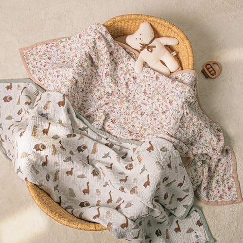 Image of lulumoon Muslin Baby Blanket for Girls - Soft Cotton for Newborn - 4 Layer Reversible Breathable Floral Receiving Blanket for Nursery Crib and Stroller 47 inchx47 inch(Sand Flower)