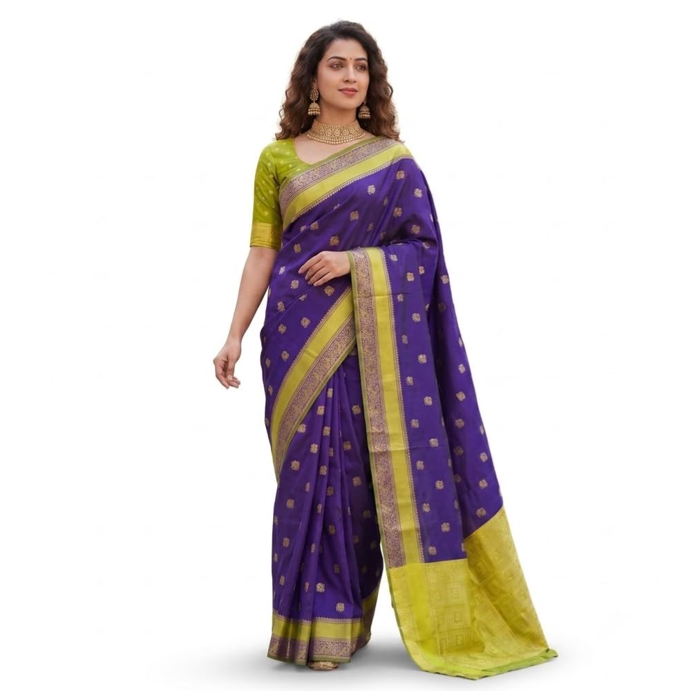 akhanddd Women's Premium Lichi Silk Banarasi Saree with Rich Zari Woven Butti Design, Contrast Lime Green Border & Designer Pallu, Traditional Ethnic Wedding Saree for Women (Purple, 5.5m + 0.8m Blouse)-picture-12