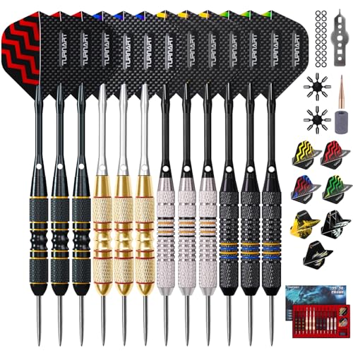 Turnart Darts Metal Tip Set - Steel Tip Darts Darts Set Professional Metal Darts 12 pcs 22/24 Grams Pro Dart Set with Stylish Case Aluminum Shafts Extra 9 Flights Red Case 12 Darts