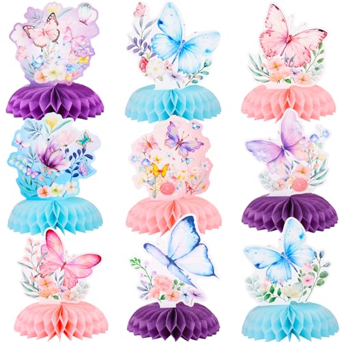 TONIFUL Butterfly Themed Honeycomb Centerpiece,Butterfly Birthday Party Supplies for Birthday Party Decorations Table Topper Decor,Butterfly Release Ceremony,Spring,Easter Parties(9 Pcs)