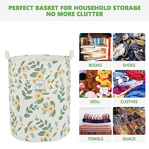 Large Foldable Laundry Basket Organizer Holder portable tall collapsible laundry hamper nusery Storage Basket Bin with Handles Closure (Waterproof Lining, Floral Green Orange)