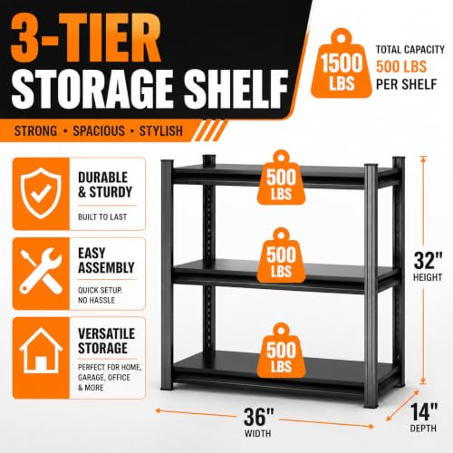 Image of Metal Garage Shelving Unit, Heavy Duty Adjustable Storage Shelves, Steel Shelving, 1500 LBS Capacity Shelves for Heavy Tools and Equipment, 3 Tier, 36 inch Wx 14 inch Dx 32 inch H