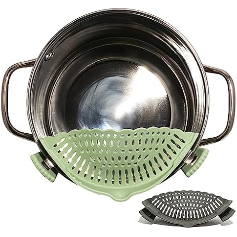 The Silicone Kitchen Clip on Silicone Strainer, Colander Fit Most Pots, Pans, Bowls, Ideal for Pasta, Vegetables, Fruit, Non-Toxic, BPA Free, 2 Pack, Green, Gray Cover