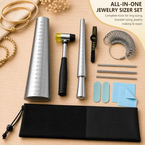 Image of Ring Sizer Measuring Kit with Metal Ring Mandrel, Bracelet Sizer Mandrel & Rubber Mallet Hammer, Steel Jewelry Making Tools for Ring Sizing, Resizing, Repair and Bracelet Forming(12-Bracelet Sizer)