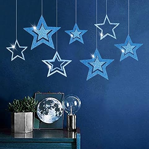 Blue Glitter Stars Garlands Party Decoration 3D Star Hanging Twinkle Little Star Decor for Birthday Anniversary Wedding Bridal Baby Shower Party Supplies Graduation Cover