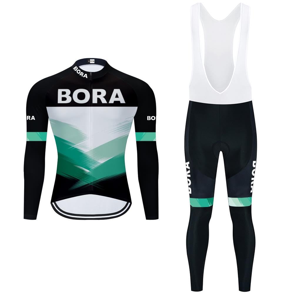 Radtrikot Set Herren Fahrradtrikot, Langarm Set mit 20D-Gel-gepolsterten Langarm Trägerhose Radhose, Atmungsaktiv Elastische Schnell Trocknend Fahrradbekleidung Set für Radfahren MTB