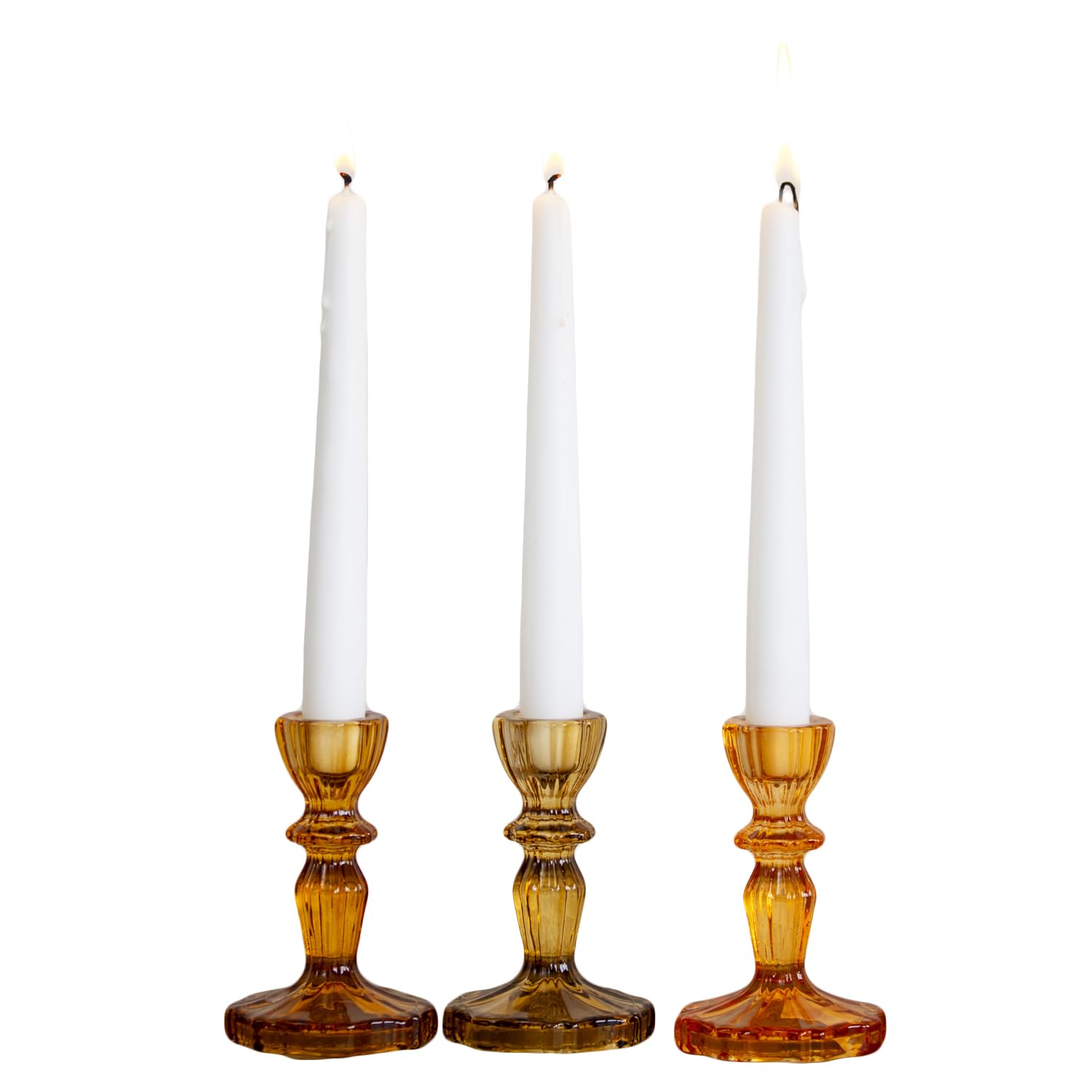 Darthome Amber Orange Set Of 3 Amber Ribbed Glass Candlestick Holders Warm Autumn Taper Candle Decor