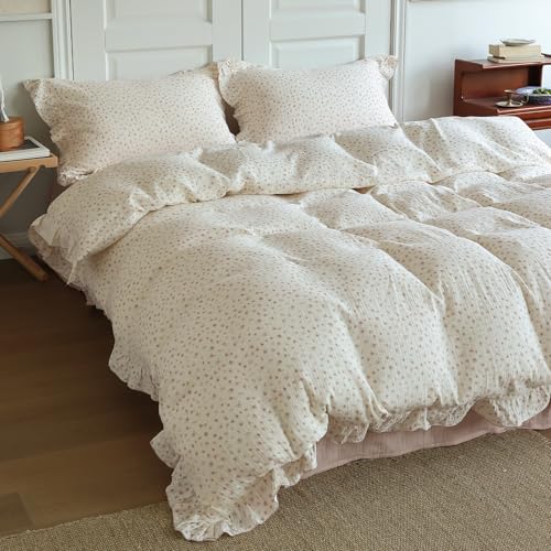 Image of BuLuTu Chic Princess Duvet Cover Full for Teens Girls Pink Floral Comforter Cover 79 inchx90 inch, Cotton Muslin Quilt Cover with Ruffles Vintage Cottage Bedding, Zipper Closure, No Pillow