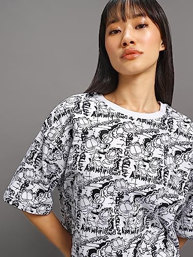 Image of Bewakoof Official Garfield Merchandise Women's All Over Printed Oversized Fit Half Sleeve Round Neck Cotton Short Top