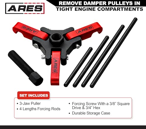 Image of ARES 71002 - Harmonic Balancer Puller Kit - Adjustable 3-Jaw Puller Fits Most Late Model Automobiles & Trucks - Remove Damper Pulleys in Tight Engine Compartments Without Removing The Radiator