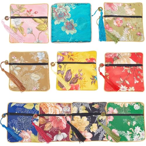 PandaHall 10 couleurs Pochettes en soie à glissière pour bijoux 11,5 cm Sacs en tissu carrés vintage Pochettes-cadeaux fleuries avec pompon Sac en soie à...