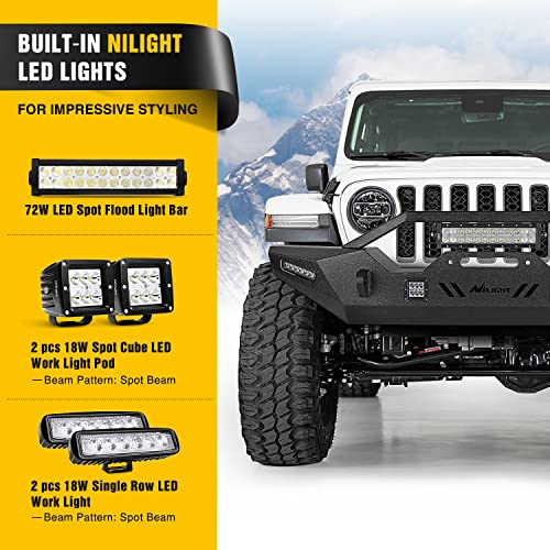 Image of Nilight Front Winch Bumper for Jeep 2007-2018 Wrangler JK /JKU, 2018-2025 JL /JLU, 2020-2025 Gladiator JT, w /Light Bar, Pod lights, Shackles,Winch Plate, Heavy Duty Off-Road Steel Bumper, Bull Bar