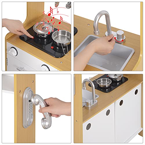 WOLTU Kinderküche Spielküche mit Licht und Sound, Holz Küche inkl. 5tlg Küchenset Holzspielzeug für Kinder Natur+Weiß… – Bild 4