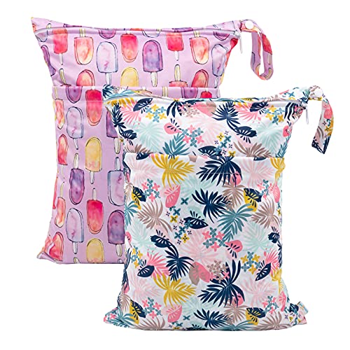Image of Babygoal Wet Dry Bags for Baby Cloth Diapers, Washable Travel Bags, Beach, Pool, Gym Bag for Swimsuits & Wet Clothes with Two Zippered Pockets, 2 Pack LN03