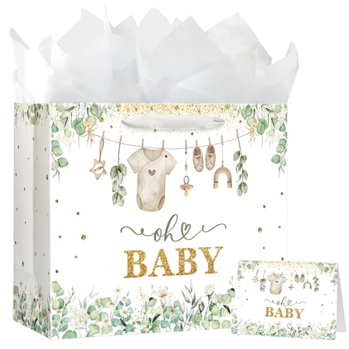 Yusenguan 13 Large Baby Gift Bag with Tissue Paper Greeting Card and Handle for Baby Shower Boys Girls Kids Birthday Parties (Green)