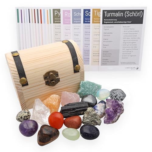 Cofre del tesoro con 18 piedras preciosas seleccionadas a mano, piedras en bruto, piedras tamboreadas + tarjetas informativas de piedras preciosas, cofre del tesoro para niños, piratas, búsqueda del
