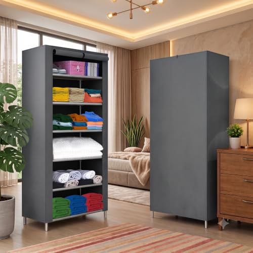Image of Ulif Multipurpose 𝗖𝗼𝗹𝗹𝗮𝗽𝘀𝗶𝗯𝗹𝗲 𝗪𝗮𝗿𝗱𝗿𝗼𝗯𝗲 Cabinet | 𝗙𝗼𝗹𝗱𝗮𝗯𝗹𝗲Fabric Organizer with 𝟲 𝗦𝗵𝗲𝗹𝘃𝗲𝘀 | Portable Clothes 𝗦𝘁𝗼𝗿𝗮𝗴𝗲 𝗥𝗮𝗰𝗸 for Bedroom (GREY)