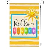 Bright Hello Summer Popsicle Garden Flag 12x18 Inch Double Sided Yellow Striped Polyester Outdoor Sunshine Decor for Yard, Patio, Poolside, Beach Parties