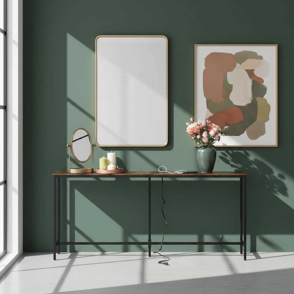 FurnitureR Rangements pour Bar Industrielle 180cm avec Prise, Console Métal et Bois, Longue Table de Bar pour Salon, Zones D'attente et de Recharge, Brun Rustique