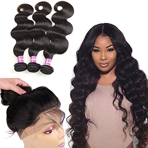 Indian Virgin Hair Body Wave 360 Lace Frontal Closure with Bundles 8A Unprocessed Body Wave Human Hair with 360 Frontal Body Wave 360 Lace Frontal with Bundles (14 16 18+12 360frontal, Natural Color)…