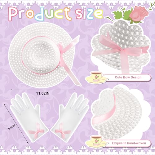Tradder 5 Pcs Tea Party Hat Accessories Girls Tea Party Gloves Fascinator Hat Handbag Bracelet Necklace for Outfit Decoration2