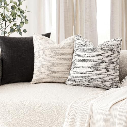 Image of Foindtower Set of 2 Faux Fur Textured Modern Throw Decorative Pillow Covers Square Accent Striped Cushion Sherpa Boho Farmhouse Pillowcase for Couch Living Room Home Decor 18x18 Inch,Black and White