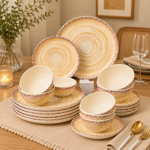 Image of MARKET 99 Cream Spiral Melamine Dinner Set 20 Pieces, Glossy Round Dinnerware with 6 Full Plates, 6 Quarter Plates, 6 Soup Bowls & 2 Serving Bowls, Food Safe & Refrigerator Safe