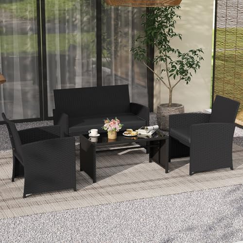 Image of Tangkula 4 Pieces Patio Wicker Furniture Set, Outdoor Heavy Duty Rattan Cushioned Chairs, Loveseat and Tempered Glass Coffee Table, for Backyard, Balcony, Poolside (1, Black)