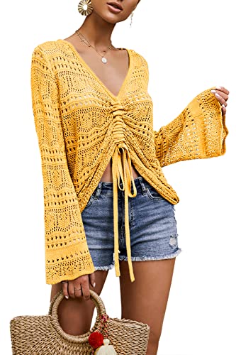 Image of Saodimallsu Womens Boho Off Shoulder Sheer Crop Tops Bell Sleeve Flowy Oversized Crochet Ruched Pullover Sweaters