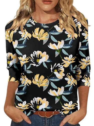 KISSMODA Tunic Tops for Women Loose Fit Dressy Round Neck Pleated 3/4 Length Sleeve Spring Tops