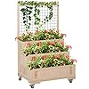 Outsunny 3 tiers raised garden bed with trellis 53 h vertical planter box with wheels back storage area for flowers vegetables herbs natural  urban country home decor