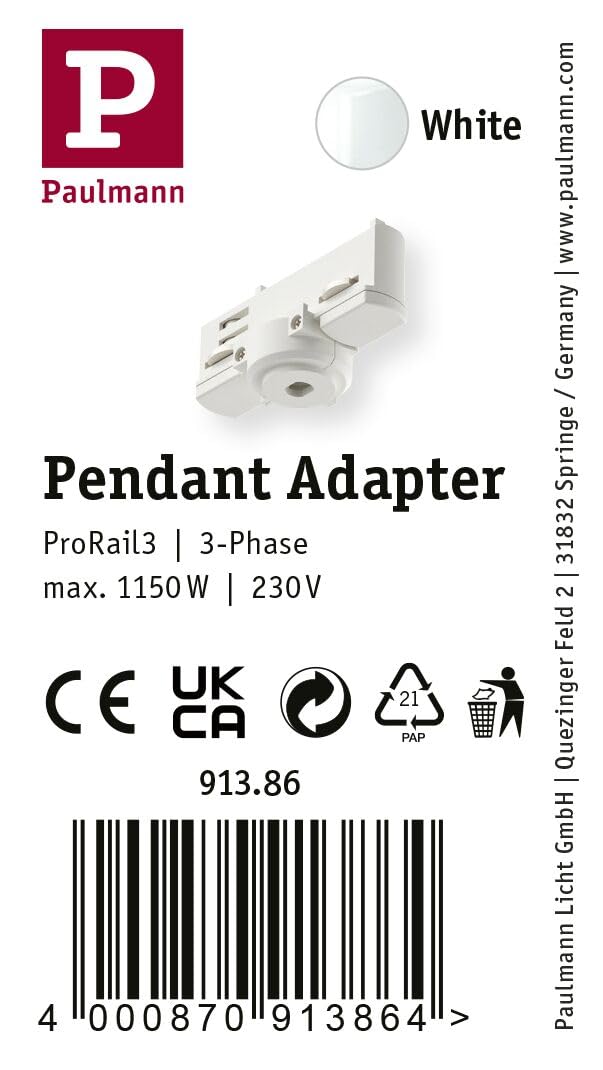 Paulmann 91386 Sistema ProRail3 Adaptador de péndulo Universal máx. 1.150W 230V Blanco Riel de Techo de Metal y plástico