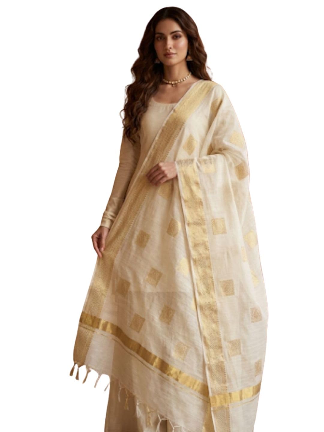 dupatta bazaar Women's Woven Zari Motif Banarasi Cotton Blend Dupatta | Ethnic Motif Design Gold Woven Pattern Tasselled Border Traditional Dupatta for Party Festive Wedding (2.4 Meter, Cream Gold)-picture-51